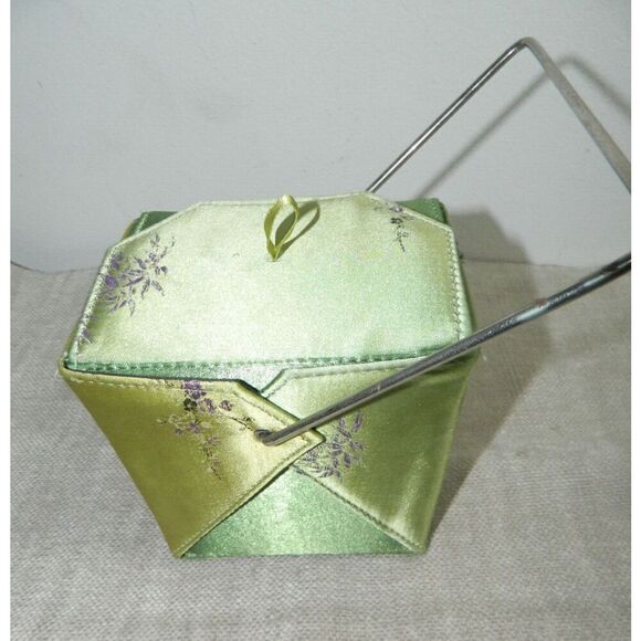Chinese Take Out Food Box Purse Green Floral Brocade Satin Japanese Bag - Picture 5 of 6